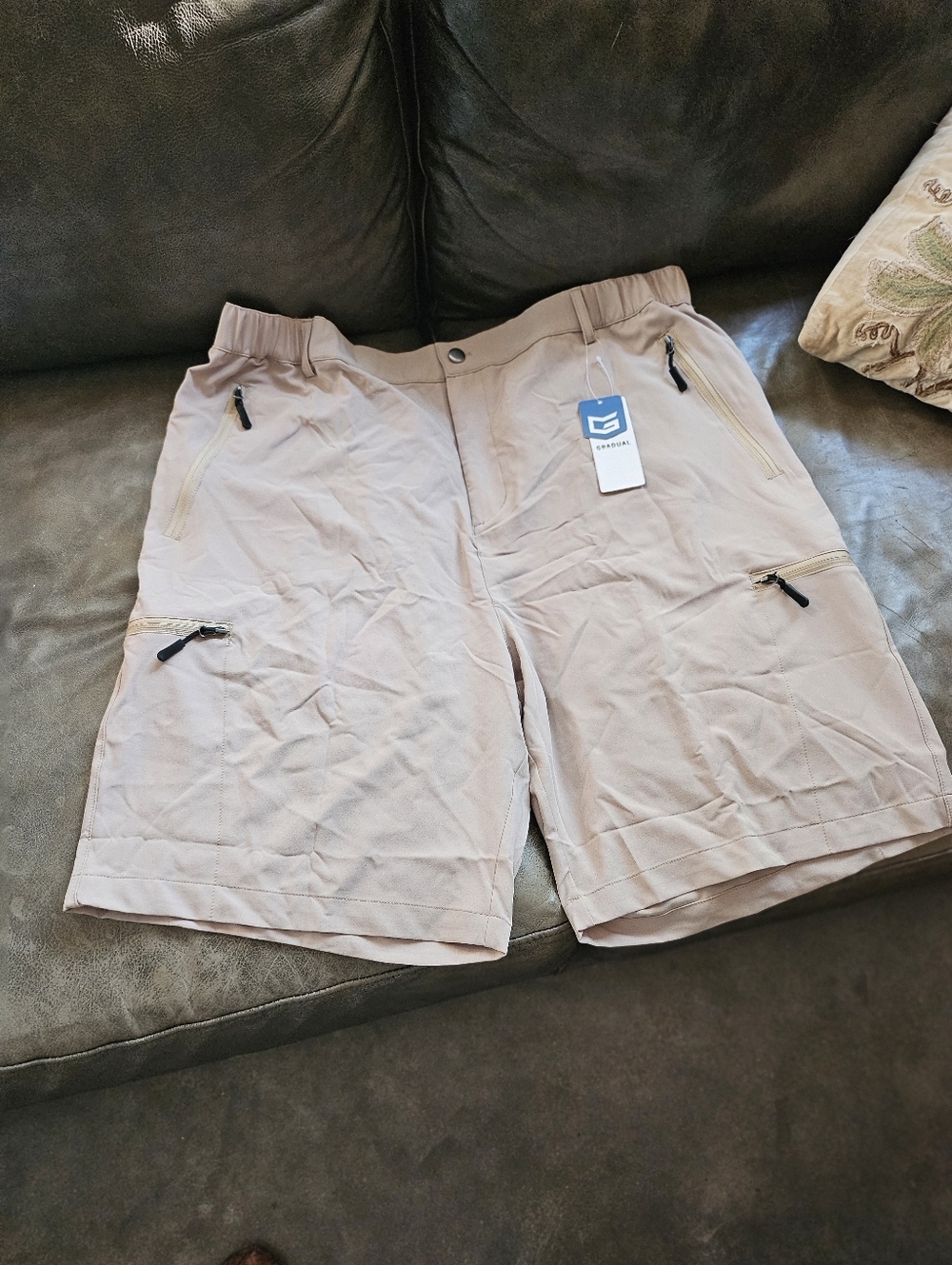 New Tag Gradual Beige Cargo Shorts Hiking Zipper Pockets Lightweight Stretch XXL